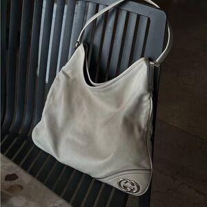 Gucci Light Gray Leather Shoulder Bag with Silver Hardware